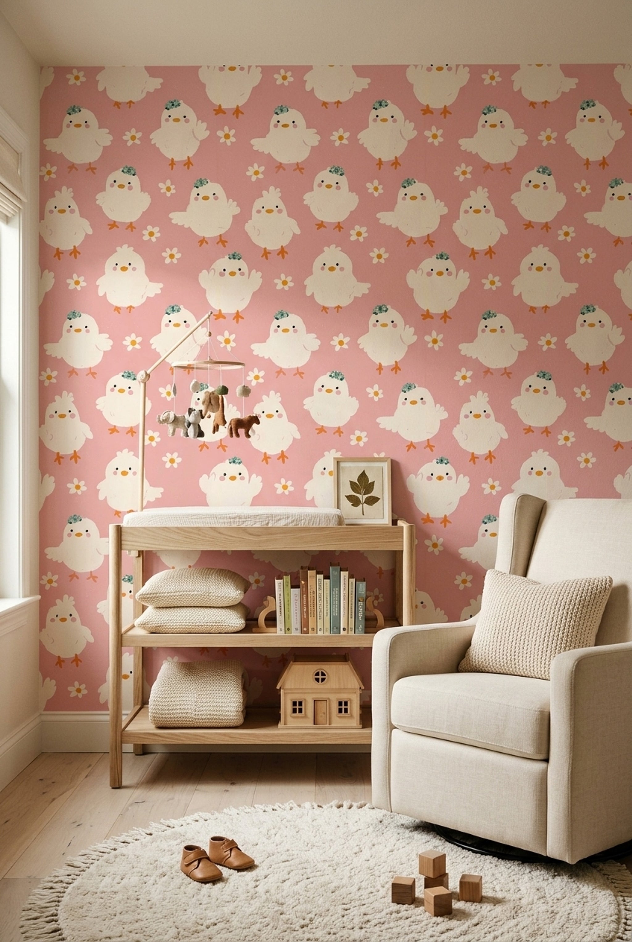 Cute Chicks Wallpaper Pink Background Daisy Flowers Decorative Mural