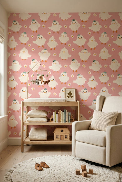 Cute Chicks Wallpaper Pink Background Daisy Flowers Decorative Mural