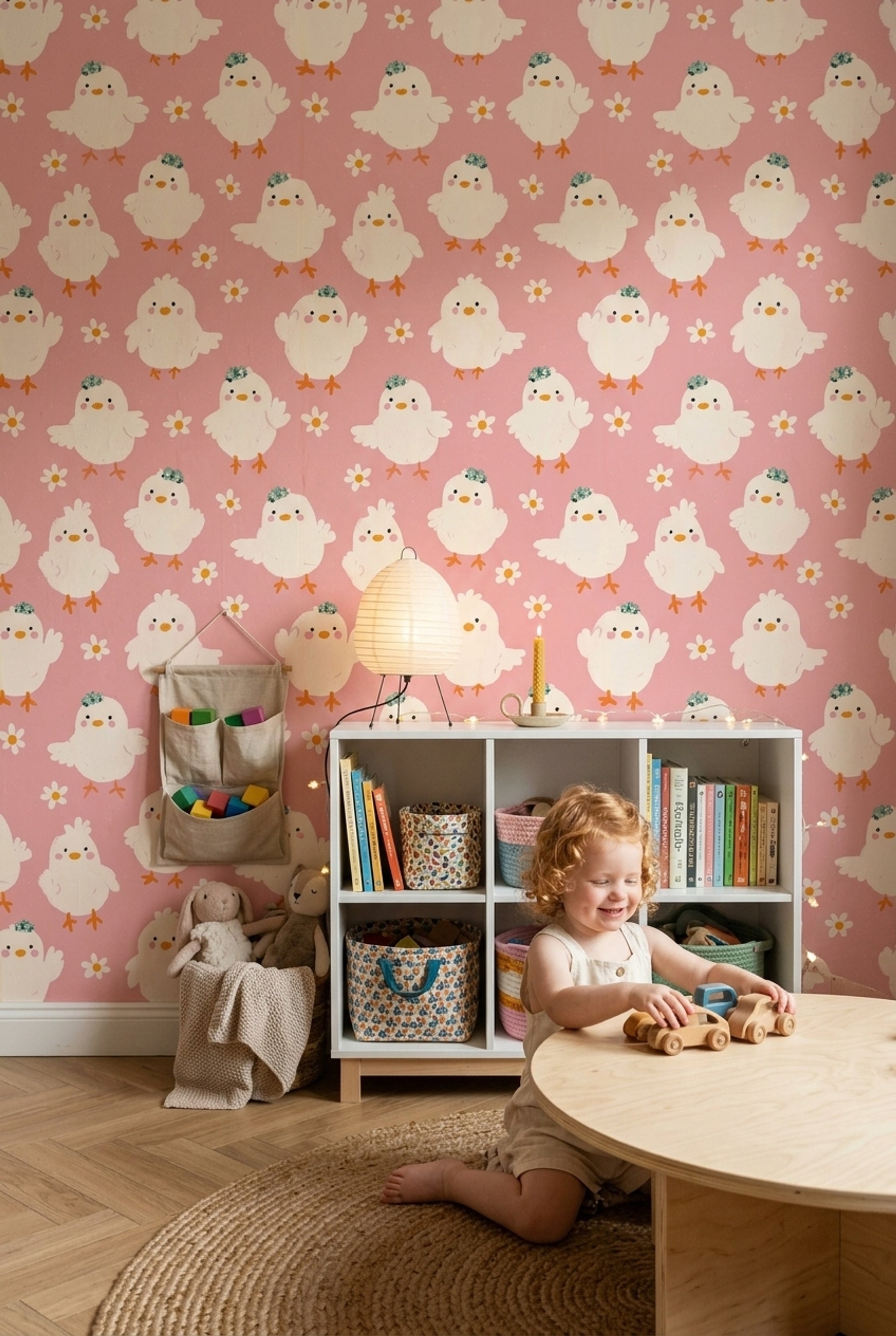 Cute Chicks Wallpaper Pink Background Daisy Flowers Decorative Mural