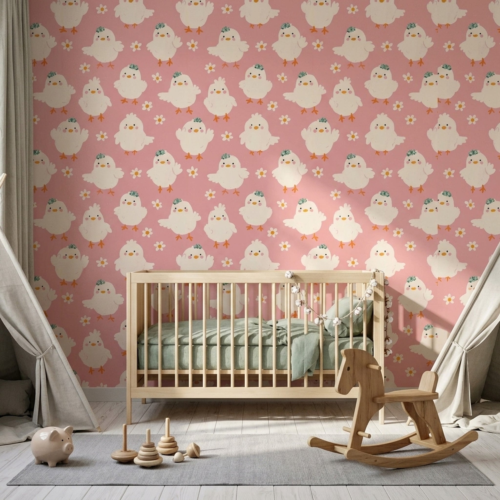 Cute Chicks Wallpaper Pink Background Daisy Flowers Decorative Mural