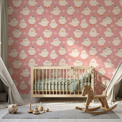 Cute Chicks Wallpaper Pink Background Daisy Flowers Decorative Mural
