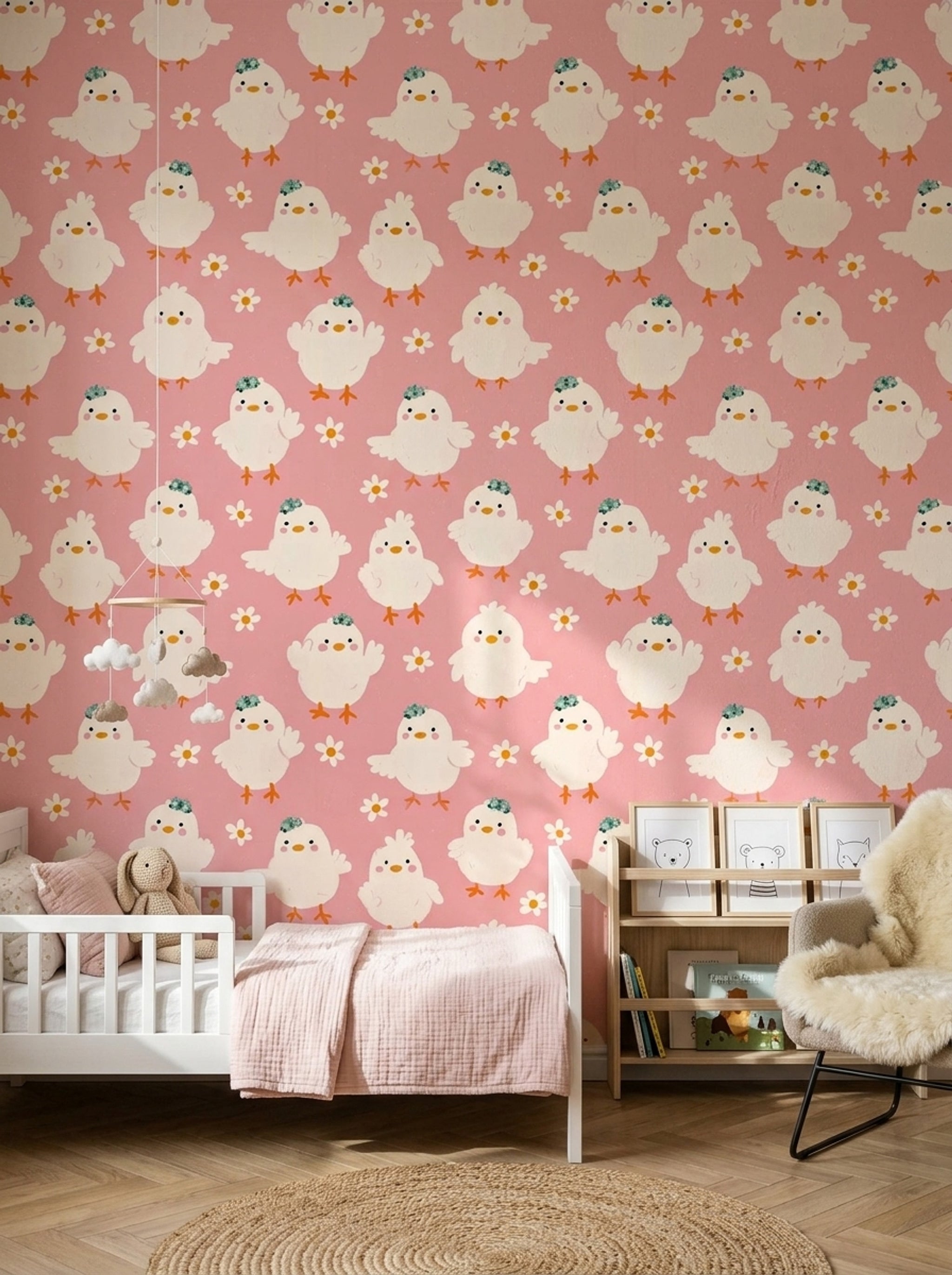 Cute Chicks Wallpaper Pink Background Daisy Flowers Decorative Mural