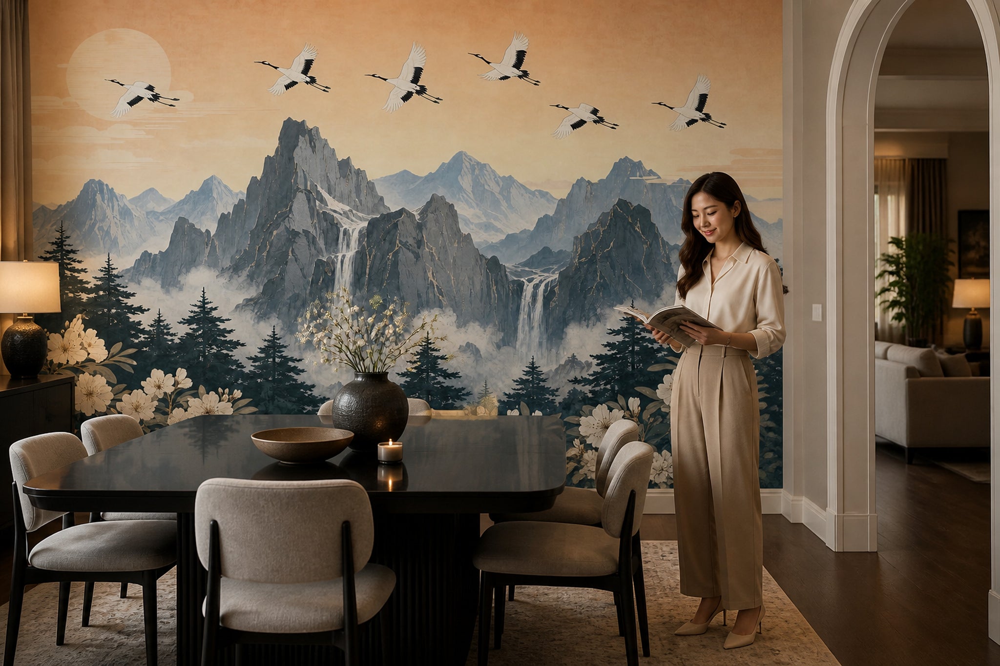 Mountain Landscape Wallpaper Waterfall Cranes Wall Mural