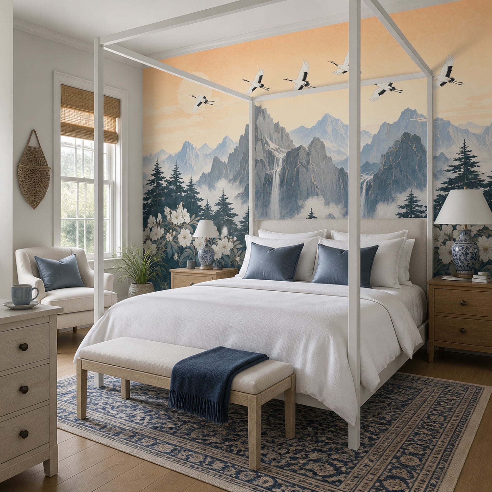 Mountain Landscape Wallpaper Waterfall Cranes Wall Mural