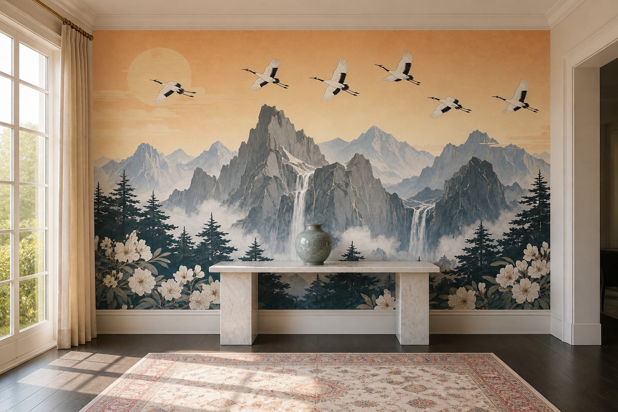 Mountain Landscape Wallpaper Waterfall Cranes Wall Mural