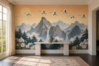 Mountain Landscape Wallpaper Waterfall Cranes Wall Mural