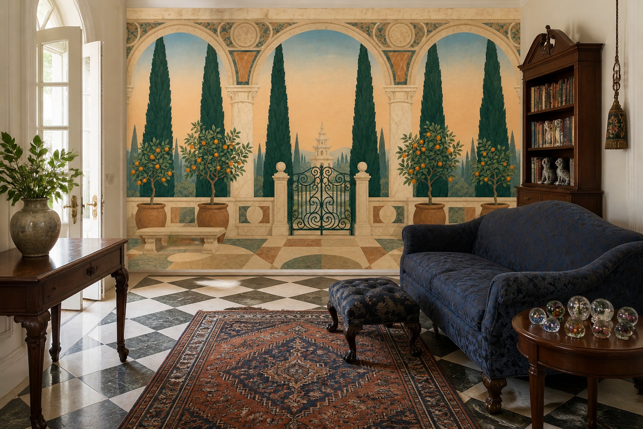 Mediterranean Garden Wallpaper Arched Terrace Landscape Wall Mural