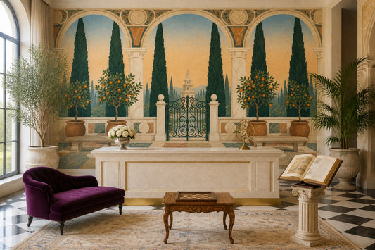 Mediterranean Garden Wallpaper Arched Terrace Landscape Wall Mural