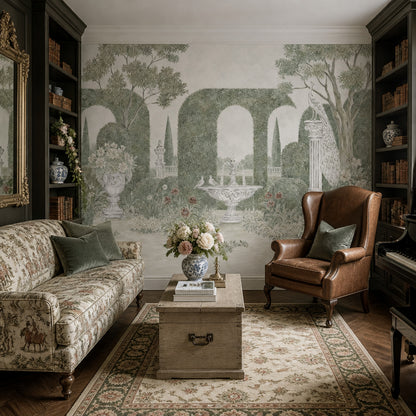 Garden Trellis Wallpaper Green Topiary Courtyard Wall Mural