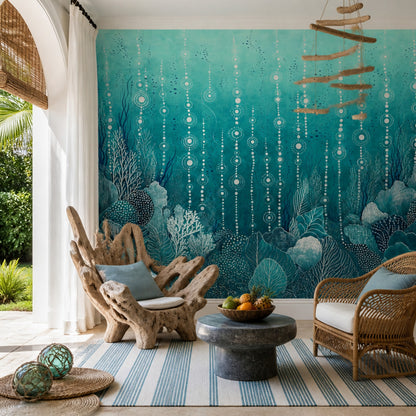 Underwater Abstract Wallpaper Teal Bubble Dots Wall Mural