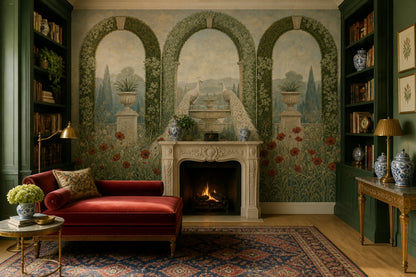 Peacock Garden Wallpaper Arched Topiary Landscape Wall Mural