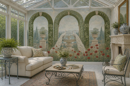 Peacock Garden Wallpaper Arched Topiary Landscape Wall Mural