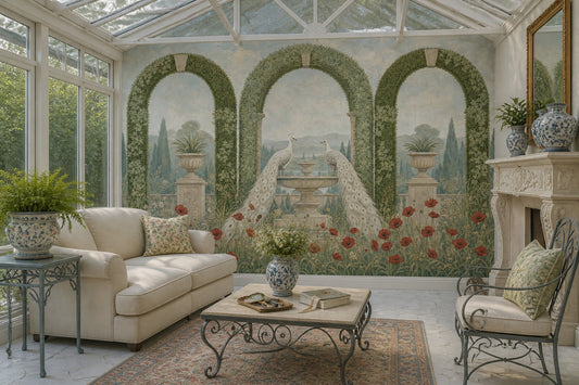 Peacock Garden Wallpaper Arched Topiary Landscape Wall Mural