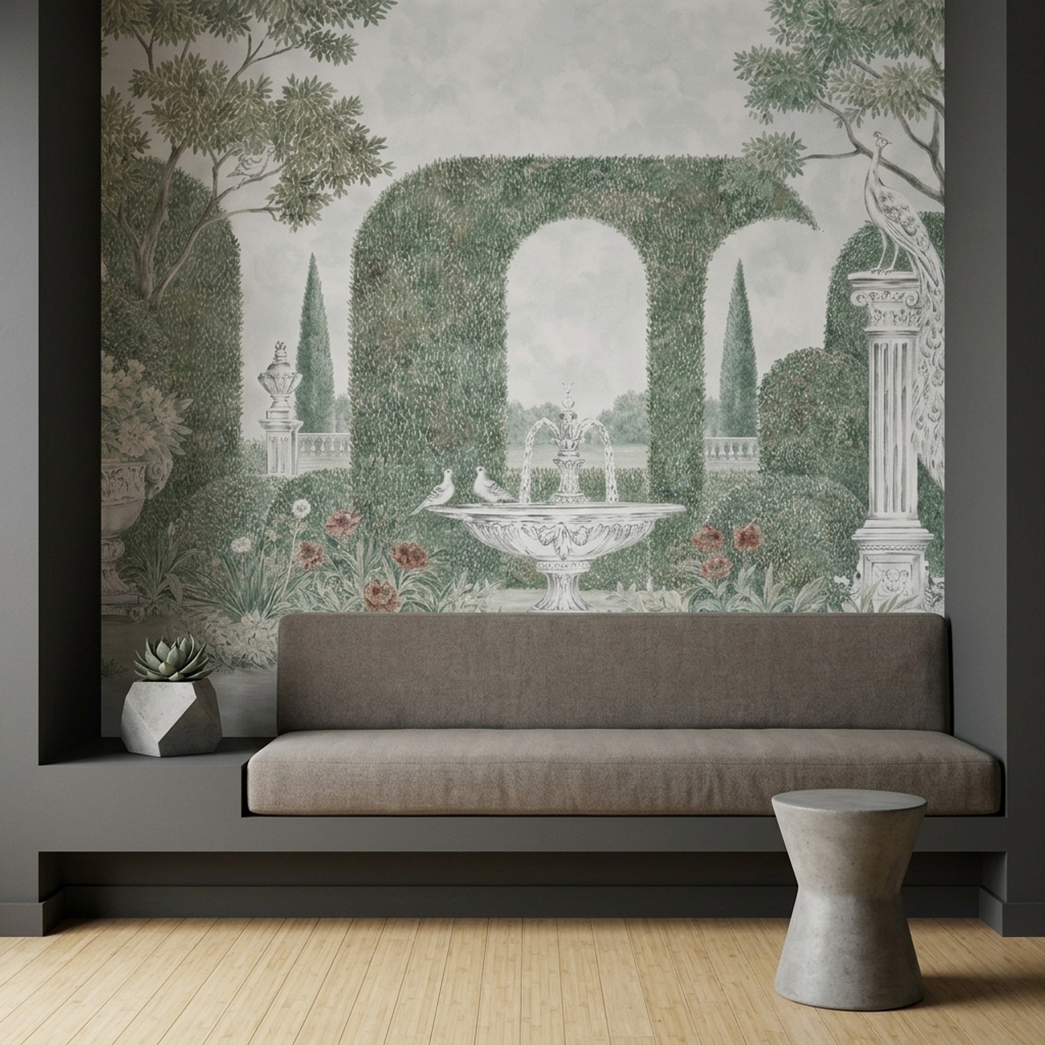 Garden Trellis Wallpaper Green Topiary Courtyard Wall Mural