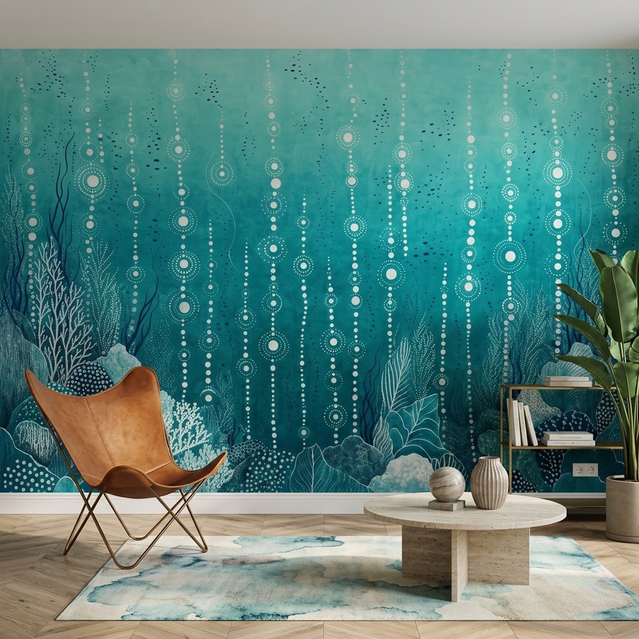Underwater Abstract Wallpaper Teal Bubble Dots Wall Mural