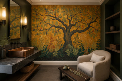 Tree and Birds Wallpaper Golden Forest Wall Mural