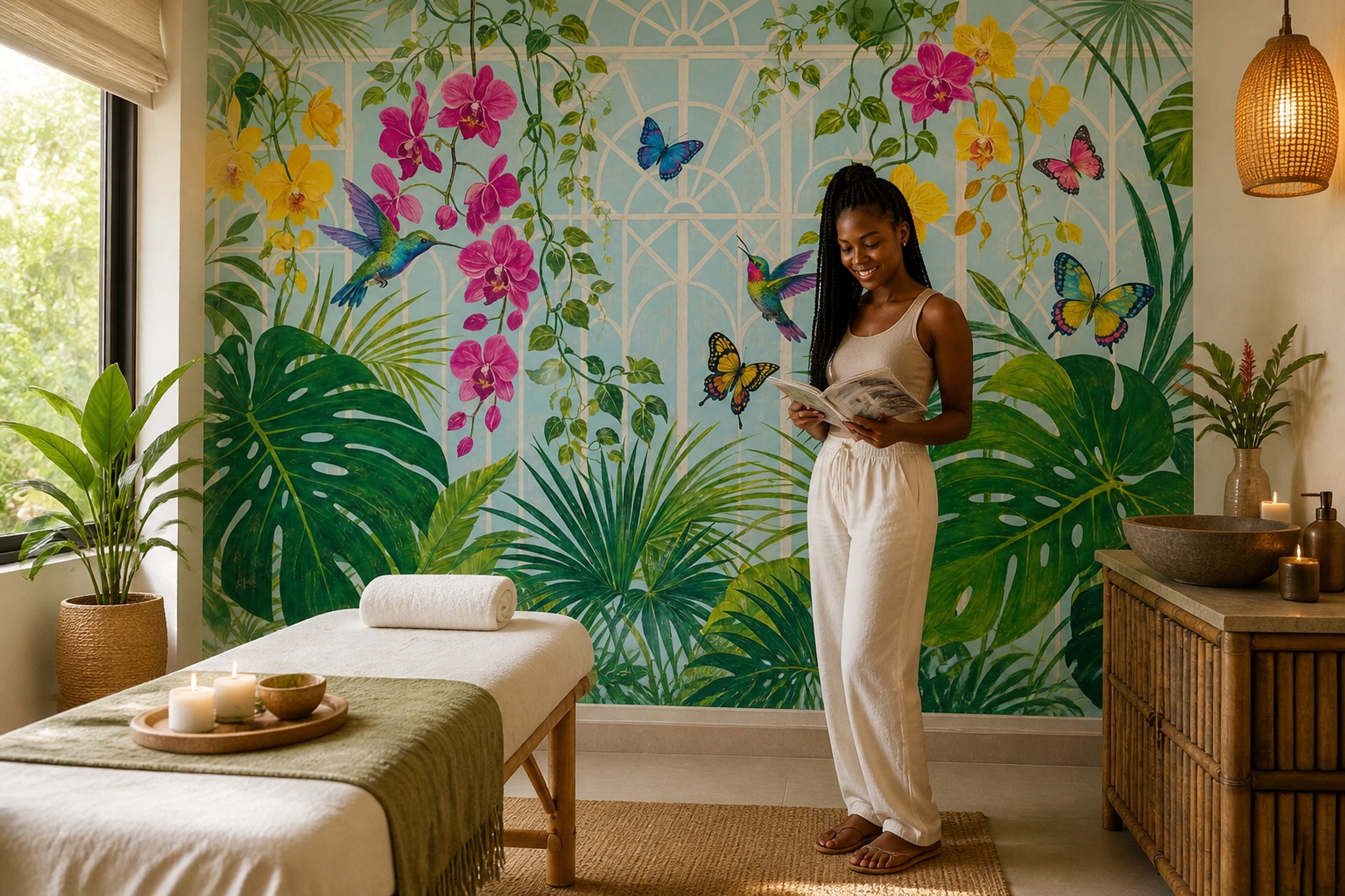Tropical Orchid Wallpaper Hummingbirds and Butterflies Wall Mural