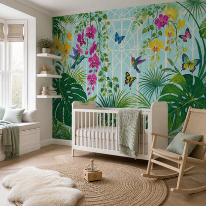 Tropical Orchid Wallpaper Hummingbirds and Butterflies Wall Mural