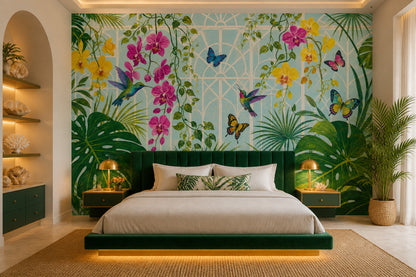 Tropical Orchid Wallpaper Hummingbirds and Butterflies Wall Mural