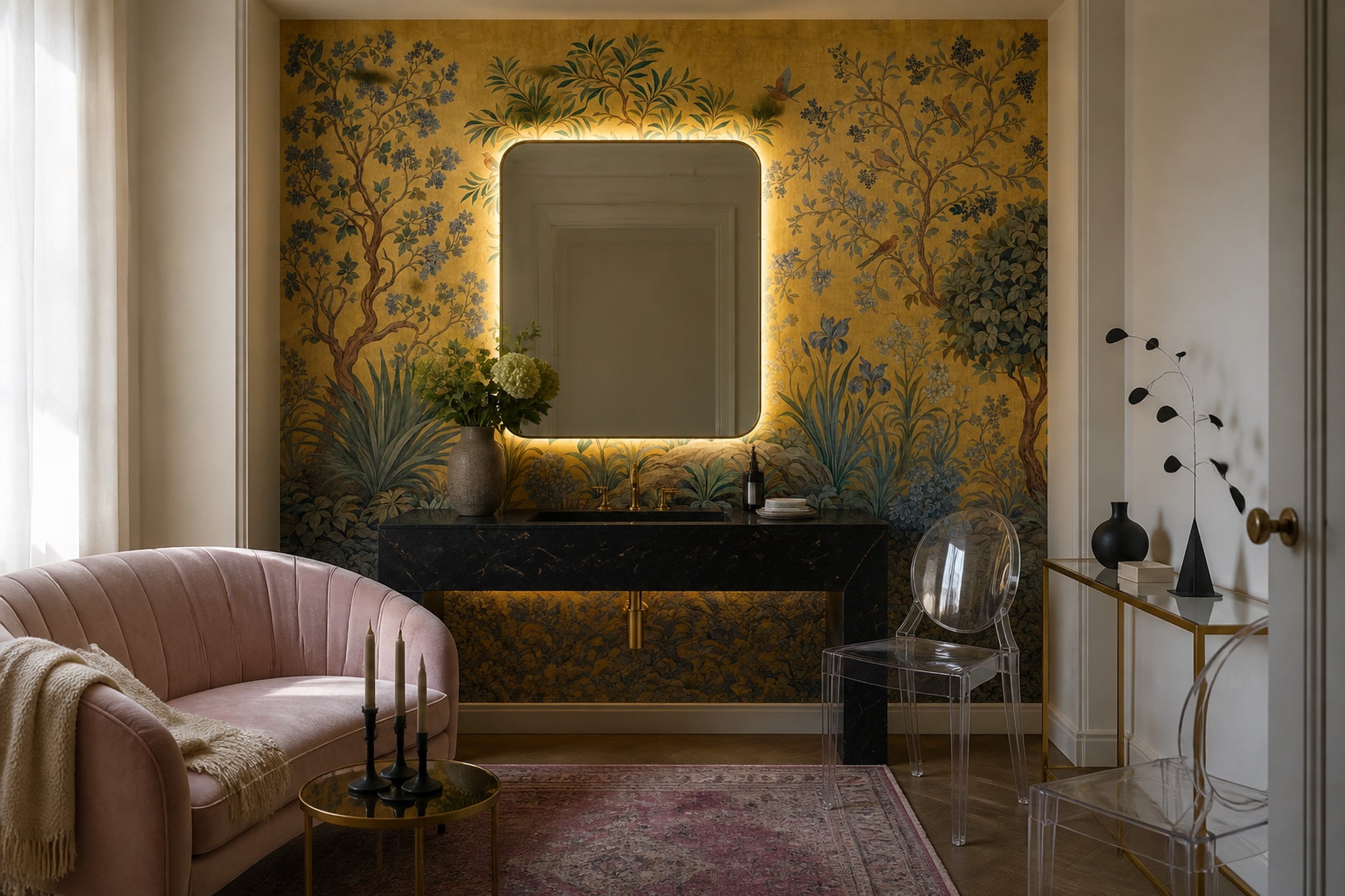 Botanical Tree Wallpaper Golden Chinoiserie Birds Wall Mural