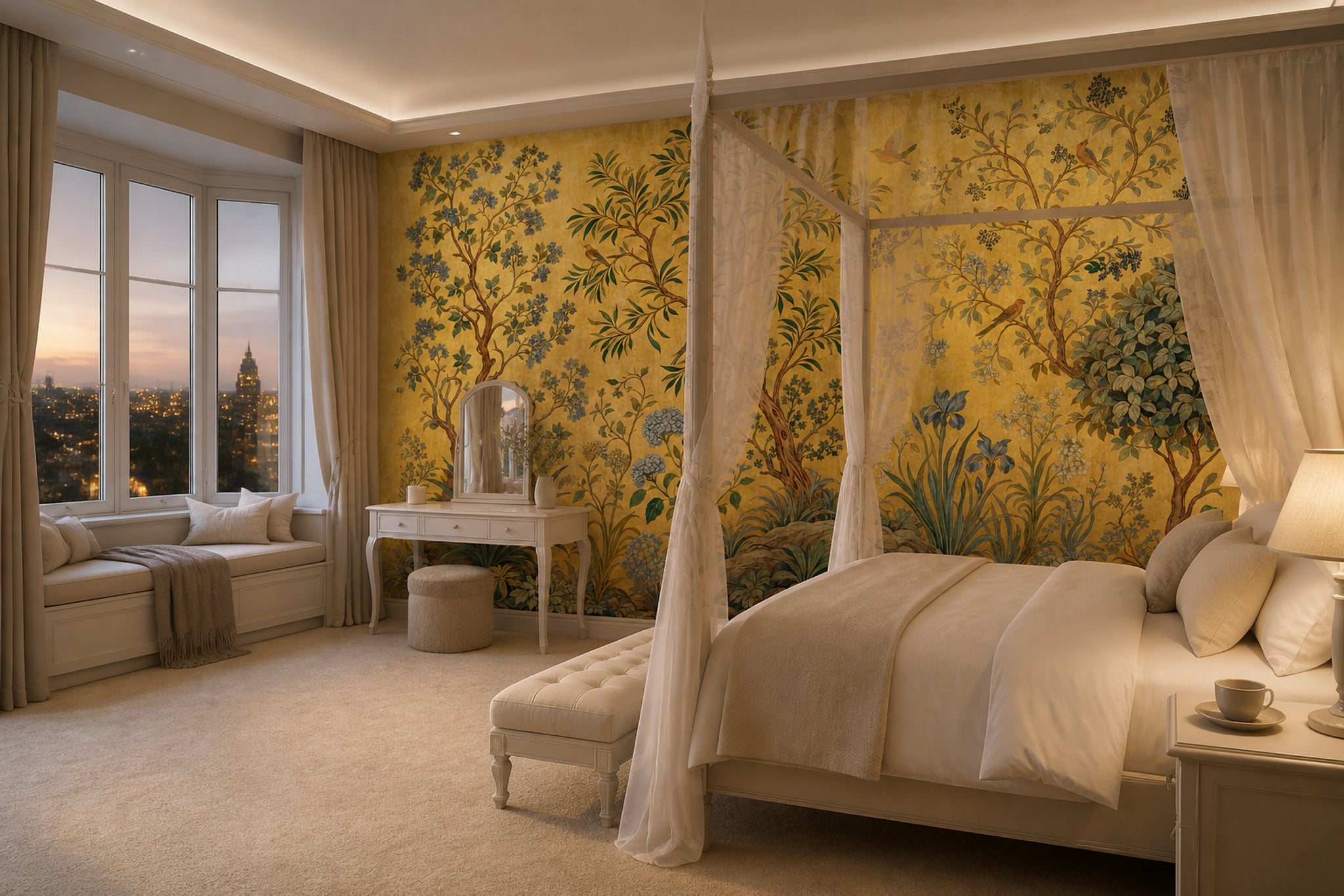 Botanical Tree Wallpaper Golden Chinoiserie Birds Wall Mural