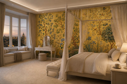 Botanical Tree Wallpaper Golden Chinoiserie Birds Wall Mural