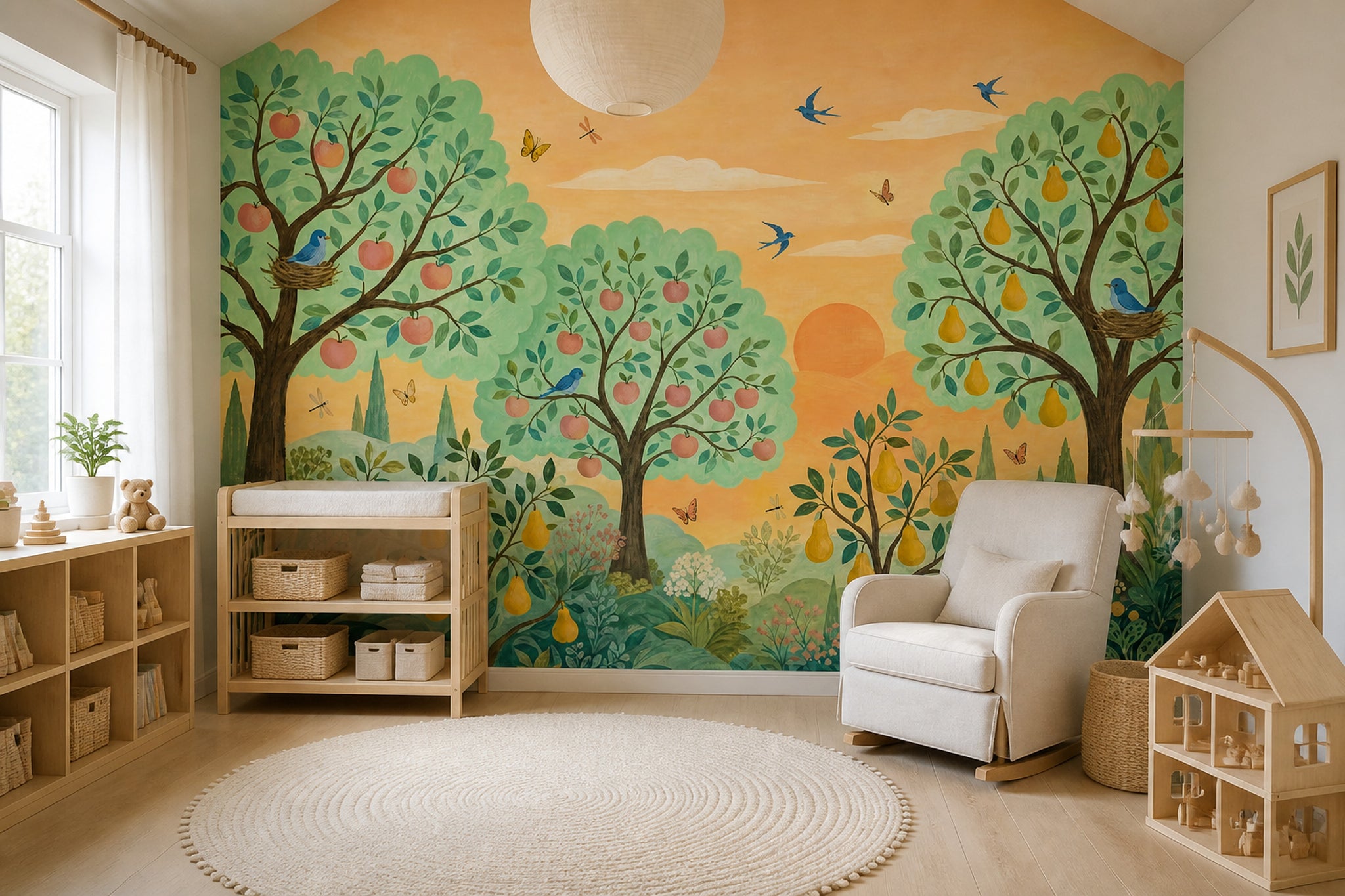 Orchard Tree Wallpaper Sunset Birds Nursery Wall Mural
