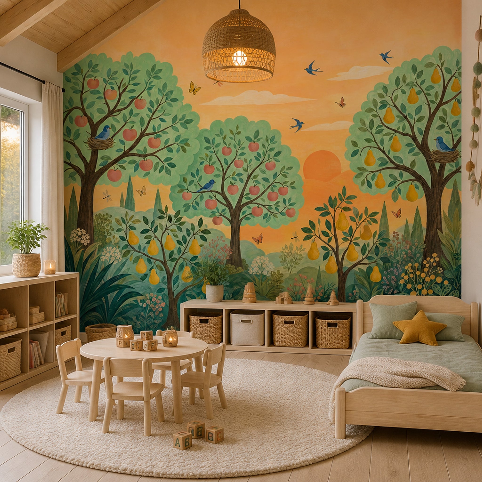 Orchard Tree Wallpaper Sunset Birds Nursery Wall Mural