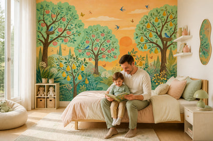 Orchard Tree Wallpaper Sunset Birds Nursery Wall Mural