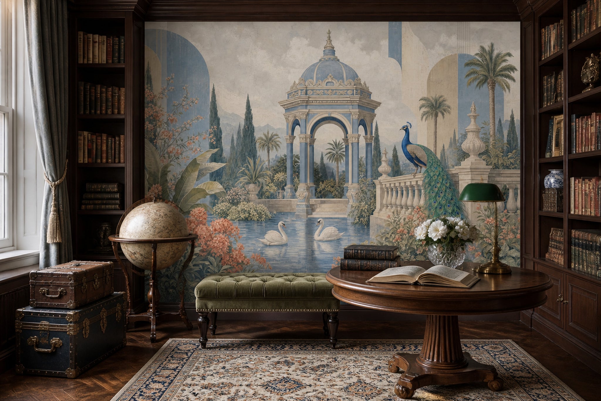 Palace Garden Wallpaper Blue Pavilion Peacock Wall Mural