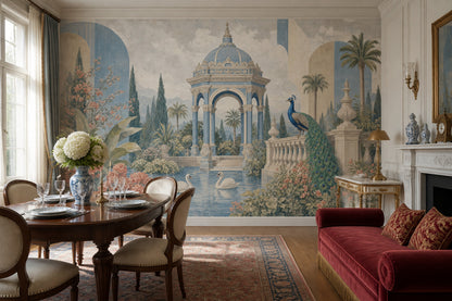 Palace Garden Wallpaper Blue Pavilion Peacock Wall Mural