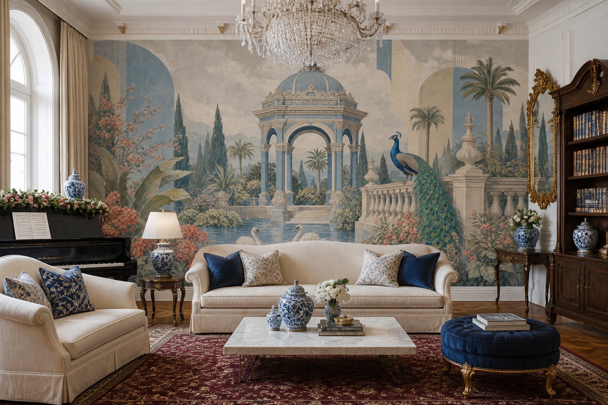 Palace Garden Wallpaper Blue Pavilion Peacock Wall Mural