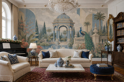 Palace Garden Wallpaper Blue Pavilion Peacock Wall Mural