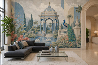 Palace Garden Wallpaper Blue Pavilion Peacock Wall Mural