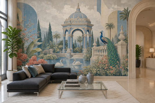 Palace Garden Wallpaper Blue Pavilion Peacock Wall Mural