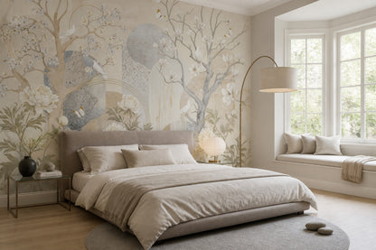 Magnolia Bird Wallpaper Neutral Chinoiserie Branches Wall Mural