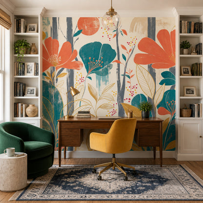 Abstract Floral Wallpaper Oversized Orange Blooms Wall Mural