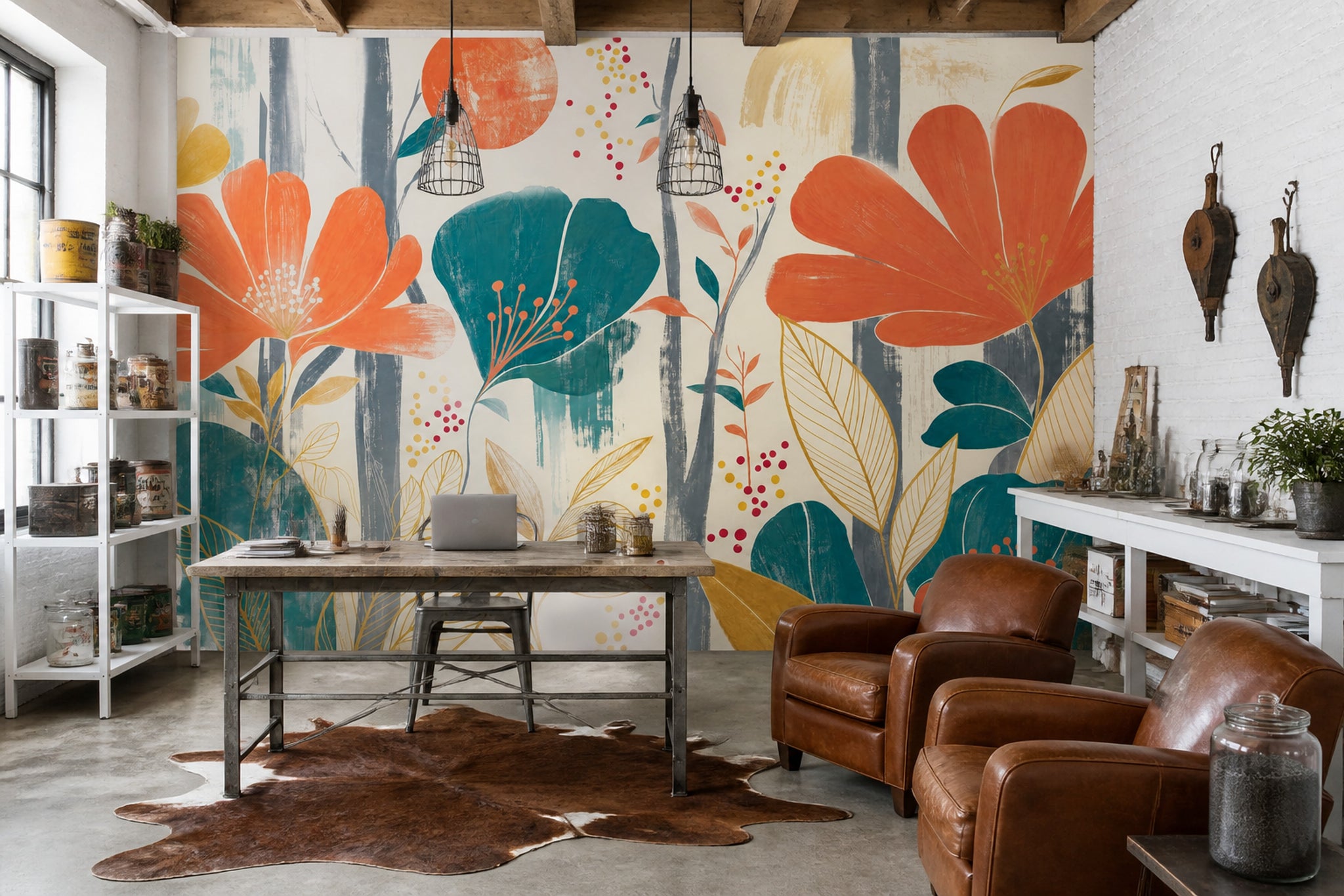 Abstract Floral Wallpaper Oversized Orange Blooms Wall Mural