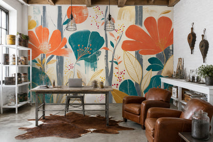 Abstract Floral Wallpaper Oversized Orange Blooms Wall Mural