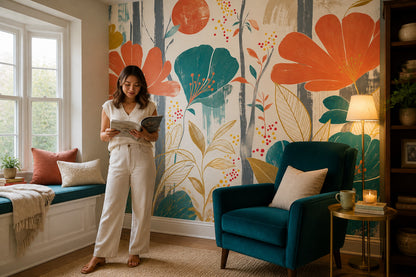 Abstract Floral Wallpaper Oversized Orange Blooms Wall Mural