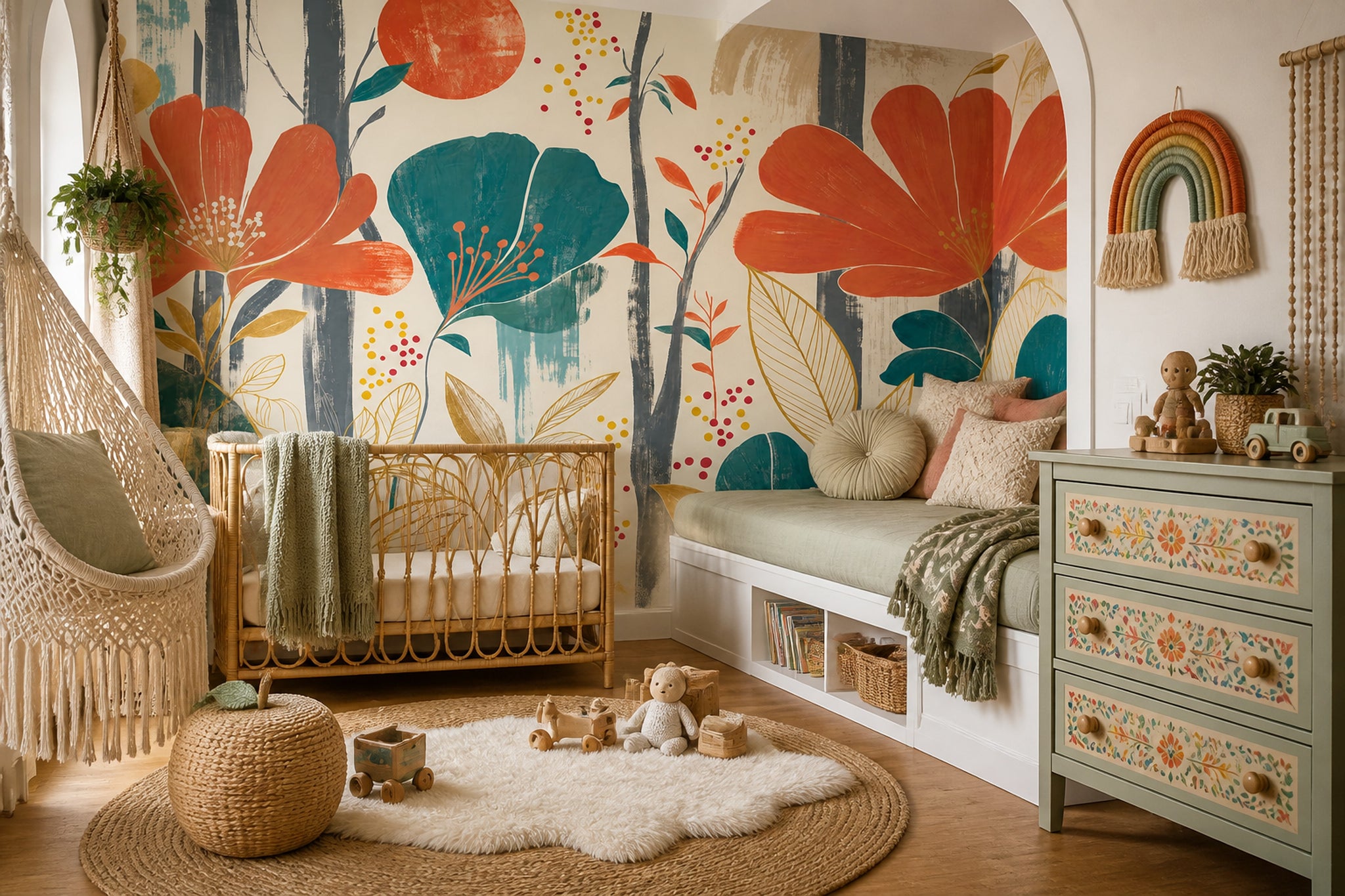 Abstract Floral Wallpaper Oversized Orange Blooms Wall Mural