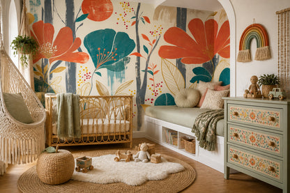 Abstract Floral Wallpaper Oversized Orange Blooms Wall Mural