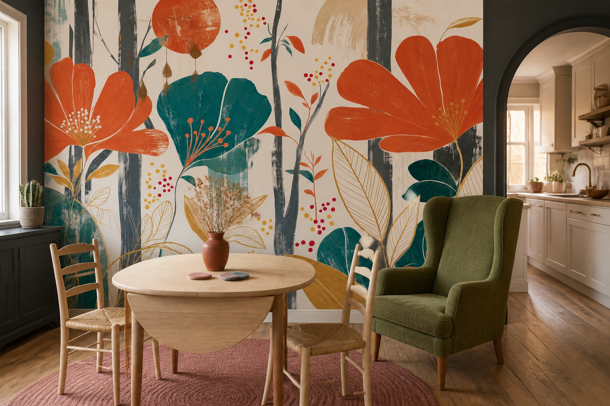 Abstract Floral Wallpaper Oversized Orange Blooms Wall Mural