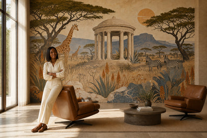 Safari Wildlife Wallpaper Classical Pavilion Landscape Wall Mural
