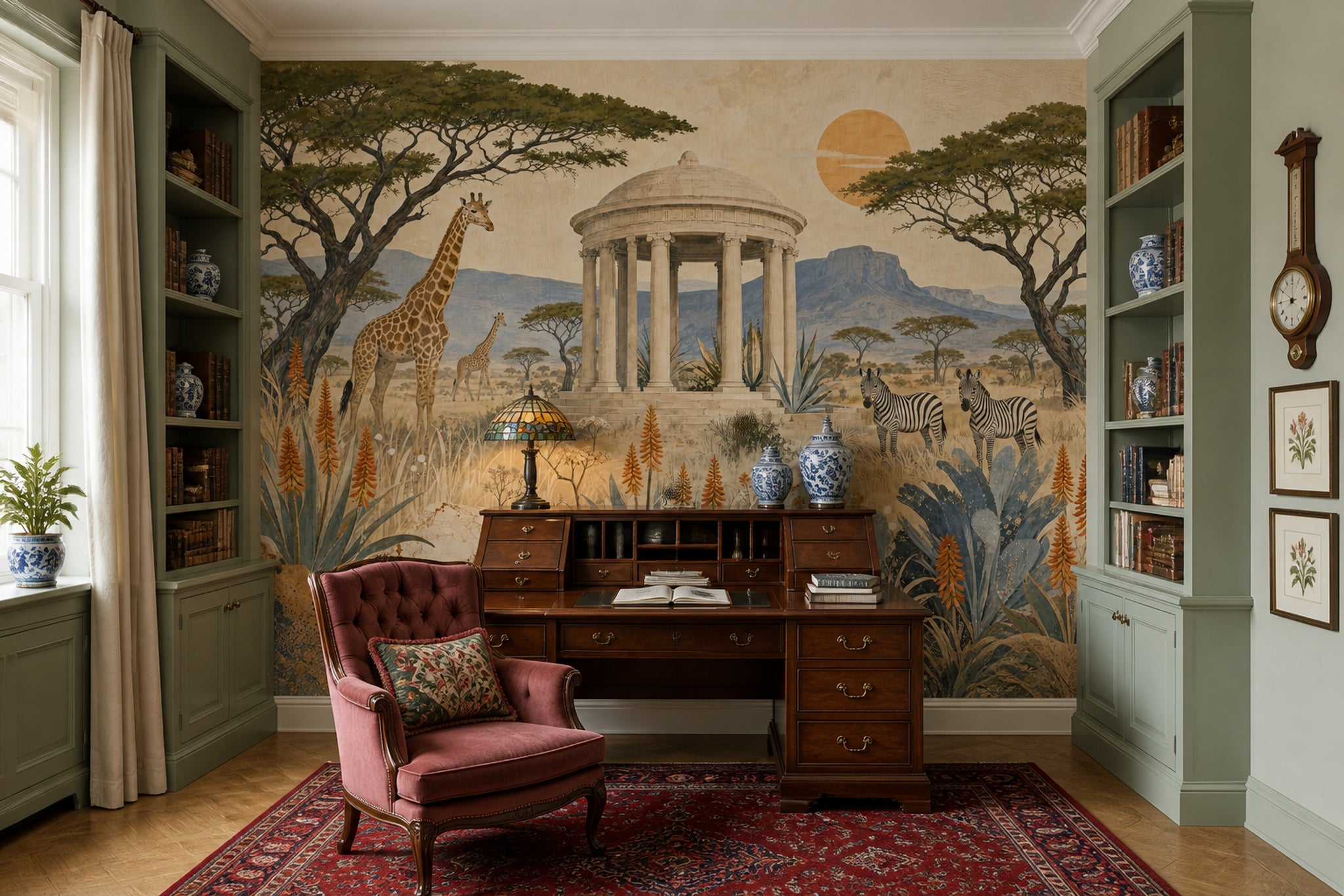 Safari Wildlife Wallpaper Classical Pavilion Landscape Wall Mural