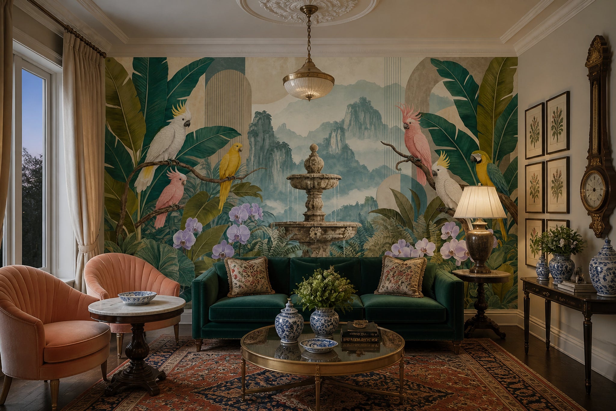 Tropical Parrot Wallpaper Orchid Leaves Botanical Wall Mural
