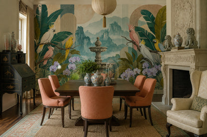 Tropical Parrot Wallpaper Orchid Leaves Botanical Wall Mural