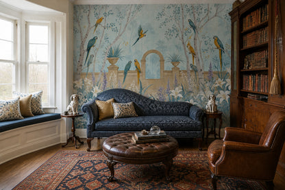Tropical Parrot Wallpaper Blue Garden Scene Wall Mural