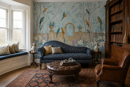 Tropical Parrot Wallpaper Blue Garden Scene Wall Mural