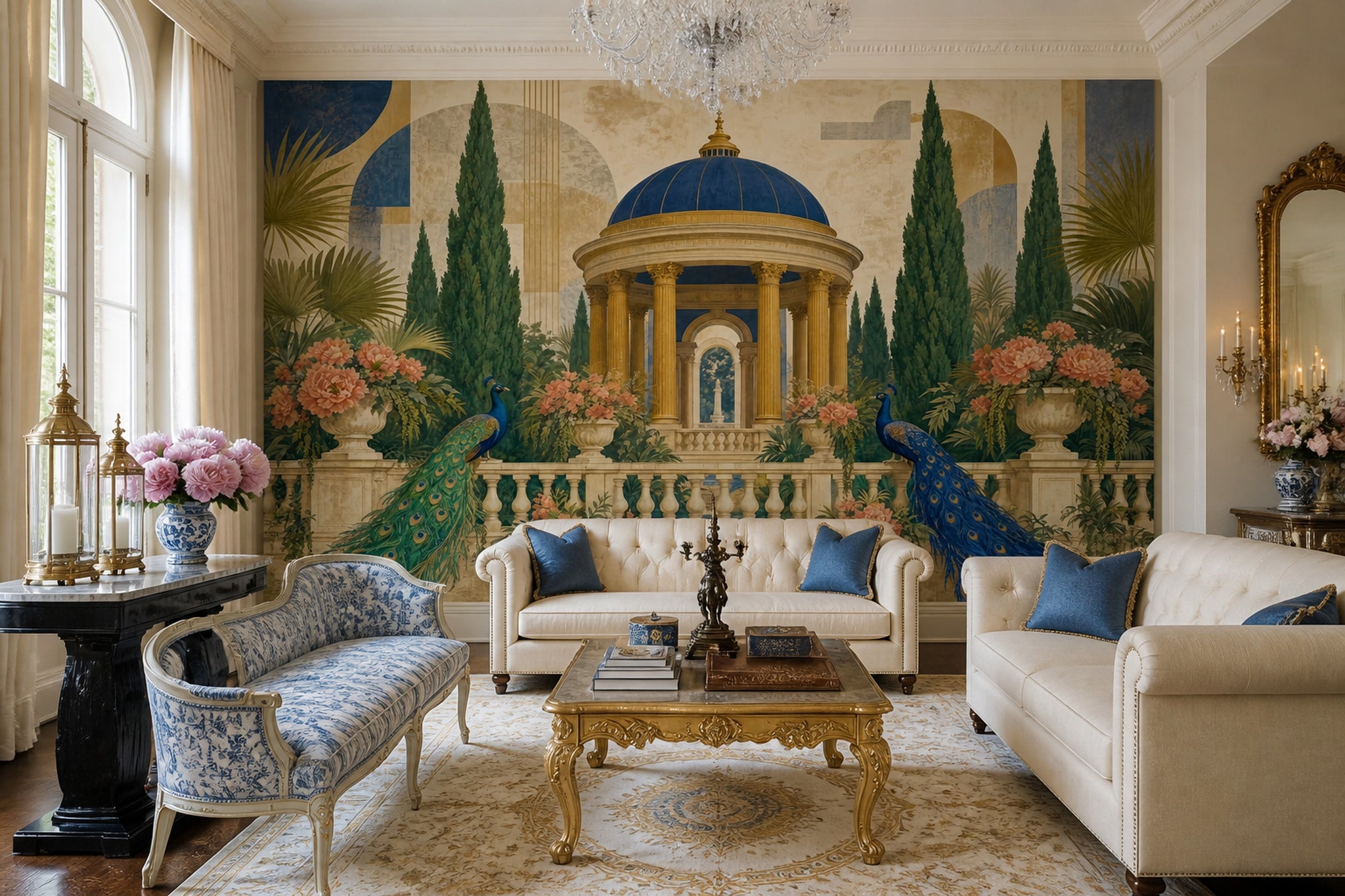 Peacock Garden Wallpaper Classical Pavilion Landscape Wall Mural